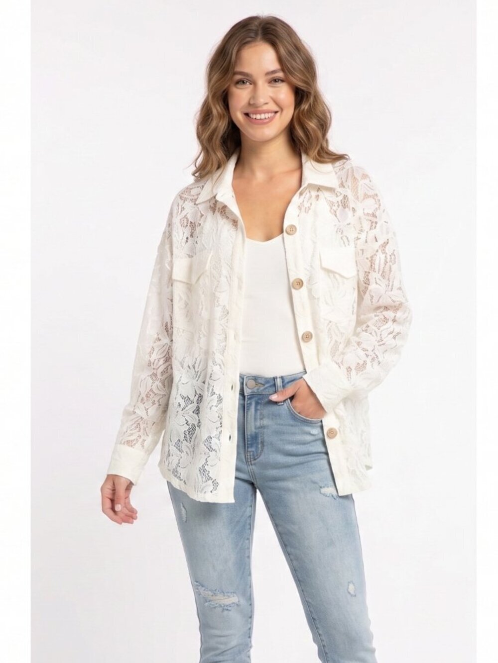 Cupio Off-White Sheer Lace Button-Down Shirt Shacket Size Small, Coastal Cowgirl